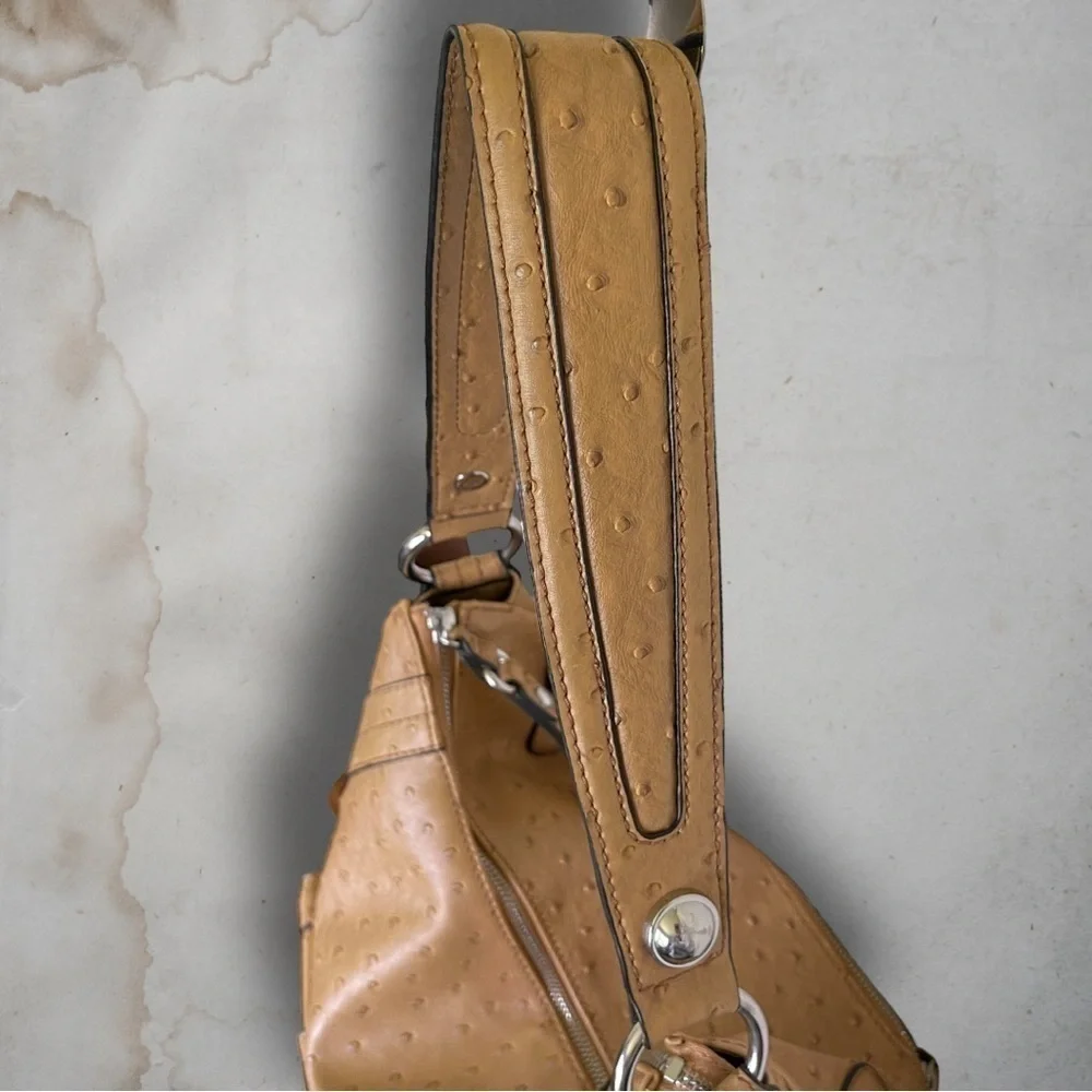 GUESS Enchanted Faux Ostrich Leather Tan and Silver Hobo Bag